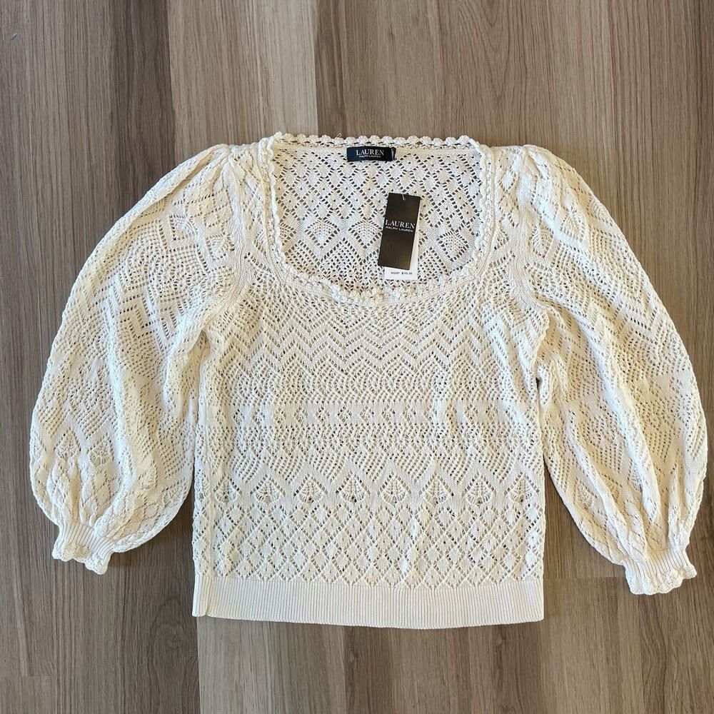 Lauren Ralph Lauren Patchwork Pointelle Cotton Puff Sleeve Cream Top Boho Large